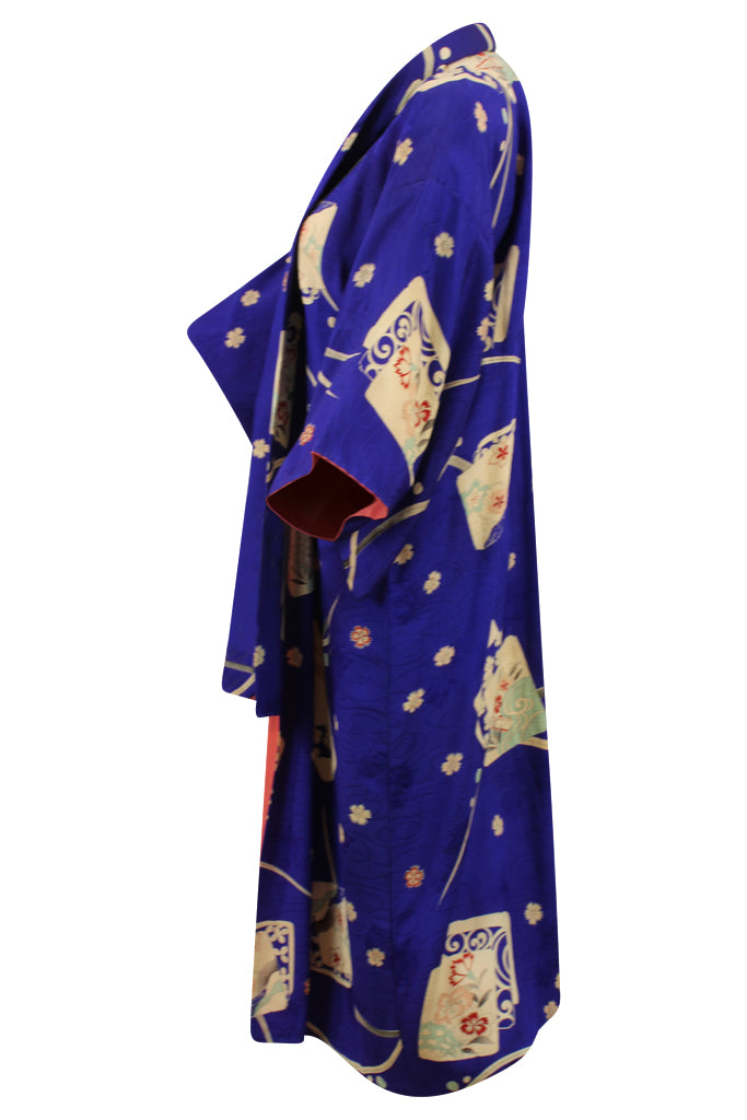 Blue kimono duster with hand painted traditional design