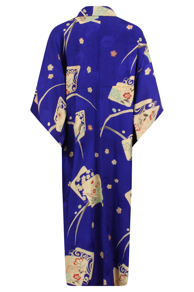 Blue kimono duster with hand painted traditional design