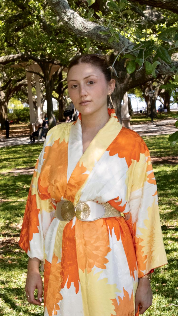 Yellow and orange  kimono coat with large woven chrysanthemums