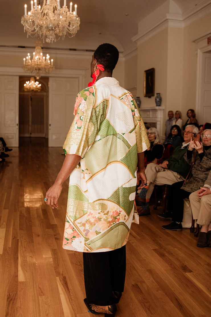 vintage kimono with gold stenciling on green abstract design