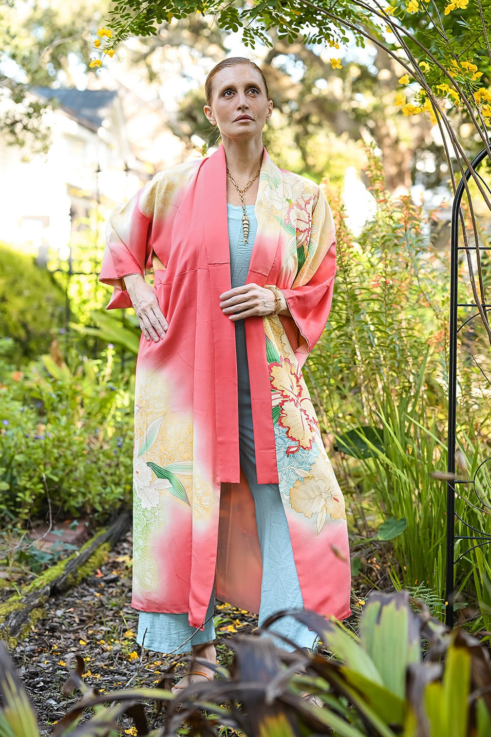 Pink silk kimono duster with hand painted gold rimmed iris