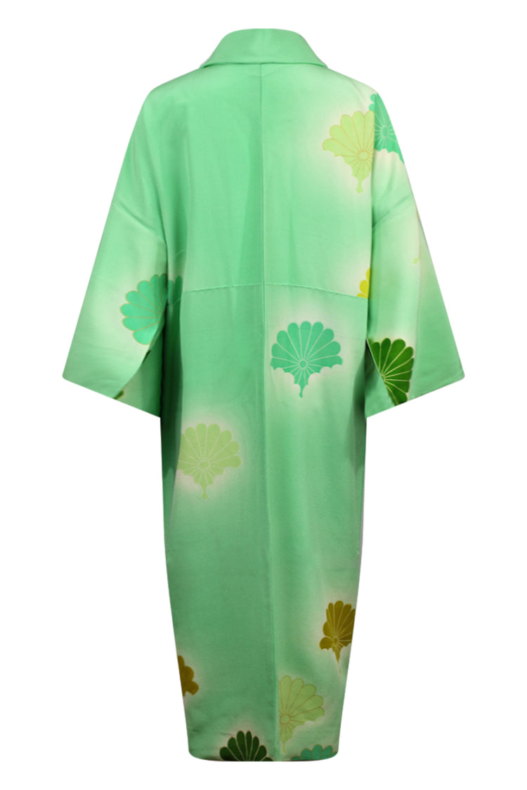 Mint green silk kimono with gold outlined chysanthemums - Kiku 