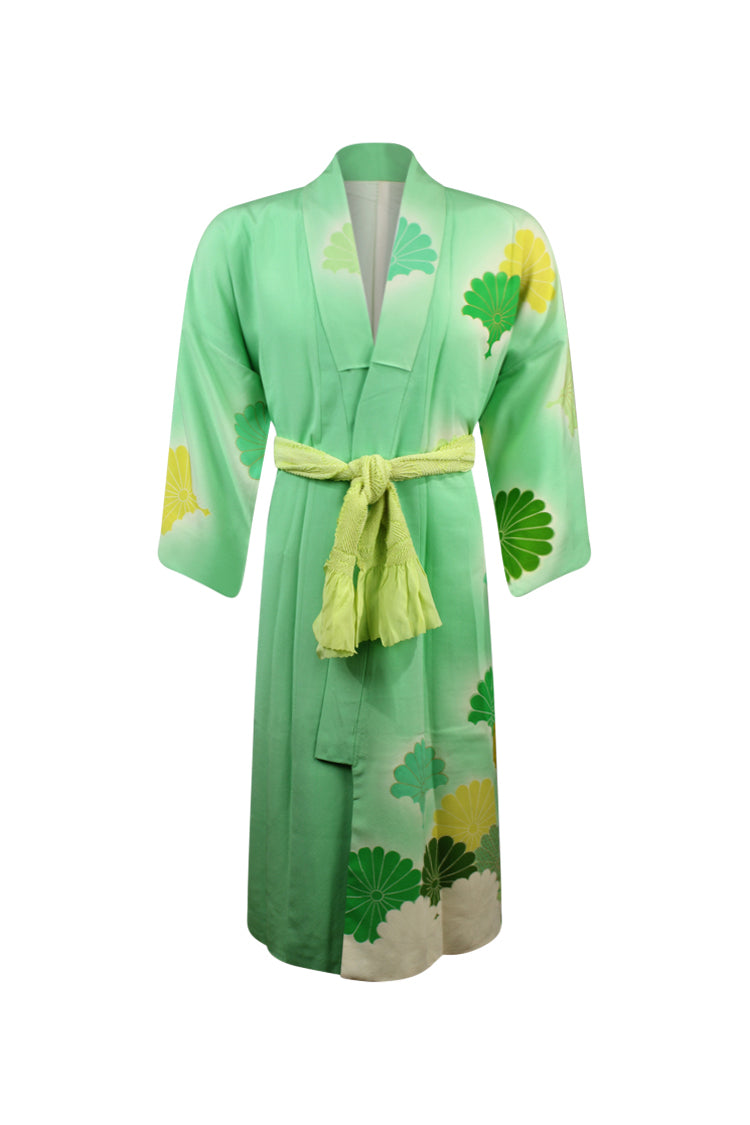 Mint green silk kimono with gold outlined chysanthemums - Kiku 
