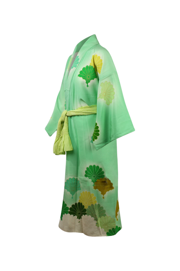 Mint green silk kimono with gold outlined chysanthemums - Kiku 