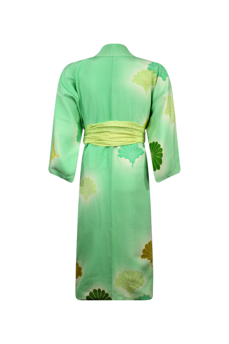 Mint green silk kimono with gold outlined chysanthemums - Kiku 