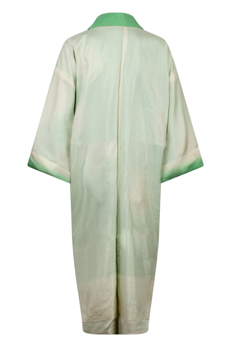 Mint green silk kimono with gold outlined chysanthemums - Kiku 