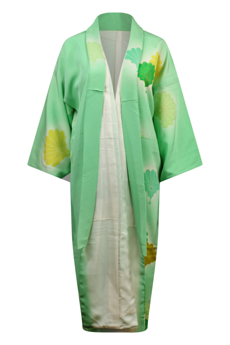 Mint green silk kimono with gold outlined chysanthemums - Kiku 
