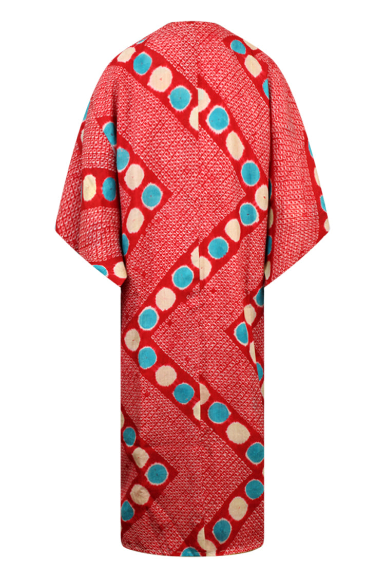 Red silk kimono with  blue and white dots