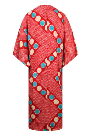 Red silk kimono with  blue and white dots - Kiku 