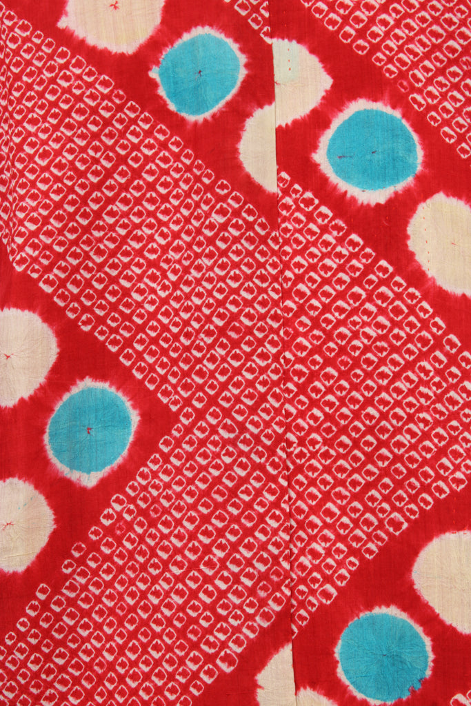 Red silk kimono with  blue and white dots - Kiku 