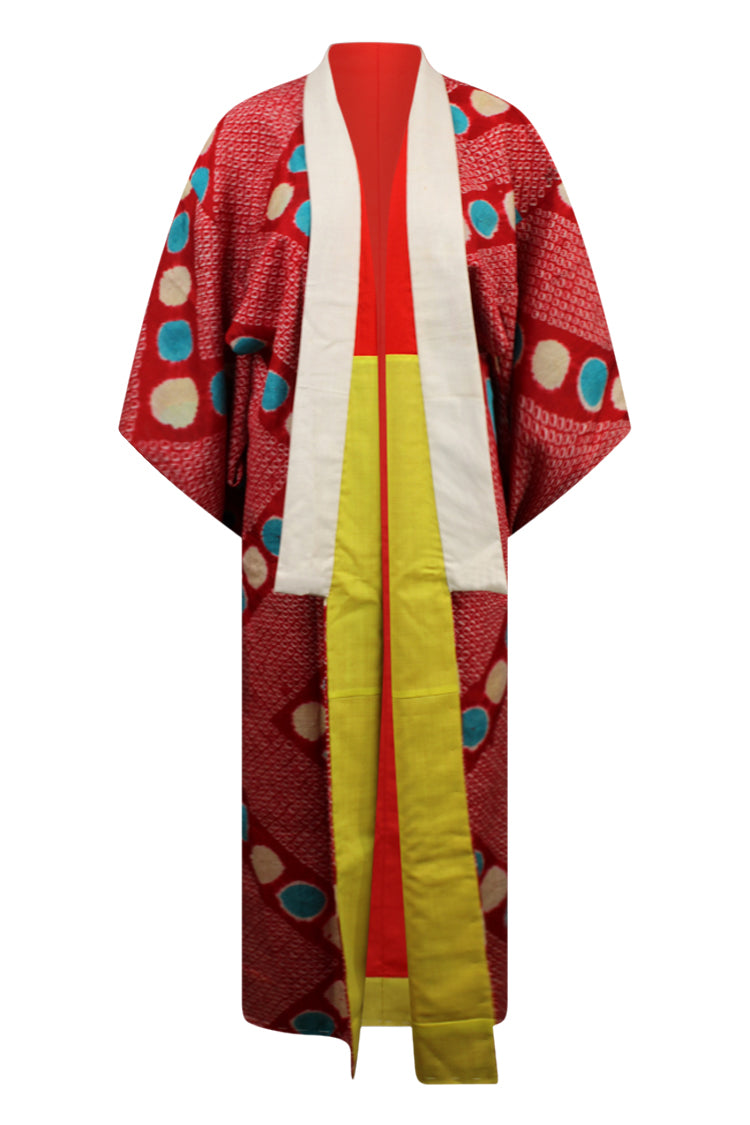 Red silk kimono with  blue and white dots - Kiku 