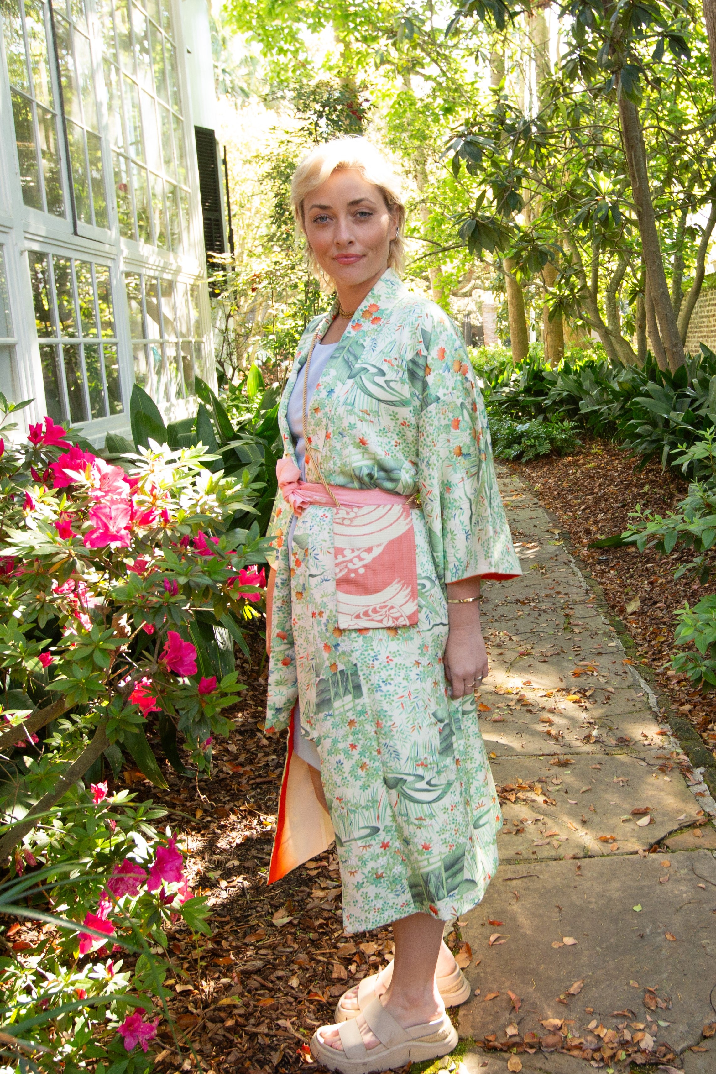 White and green floral print silk kimono