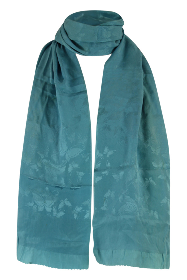 Turquoise blue silk sash scarf with woven butterflies