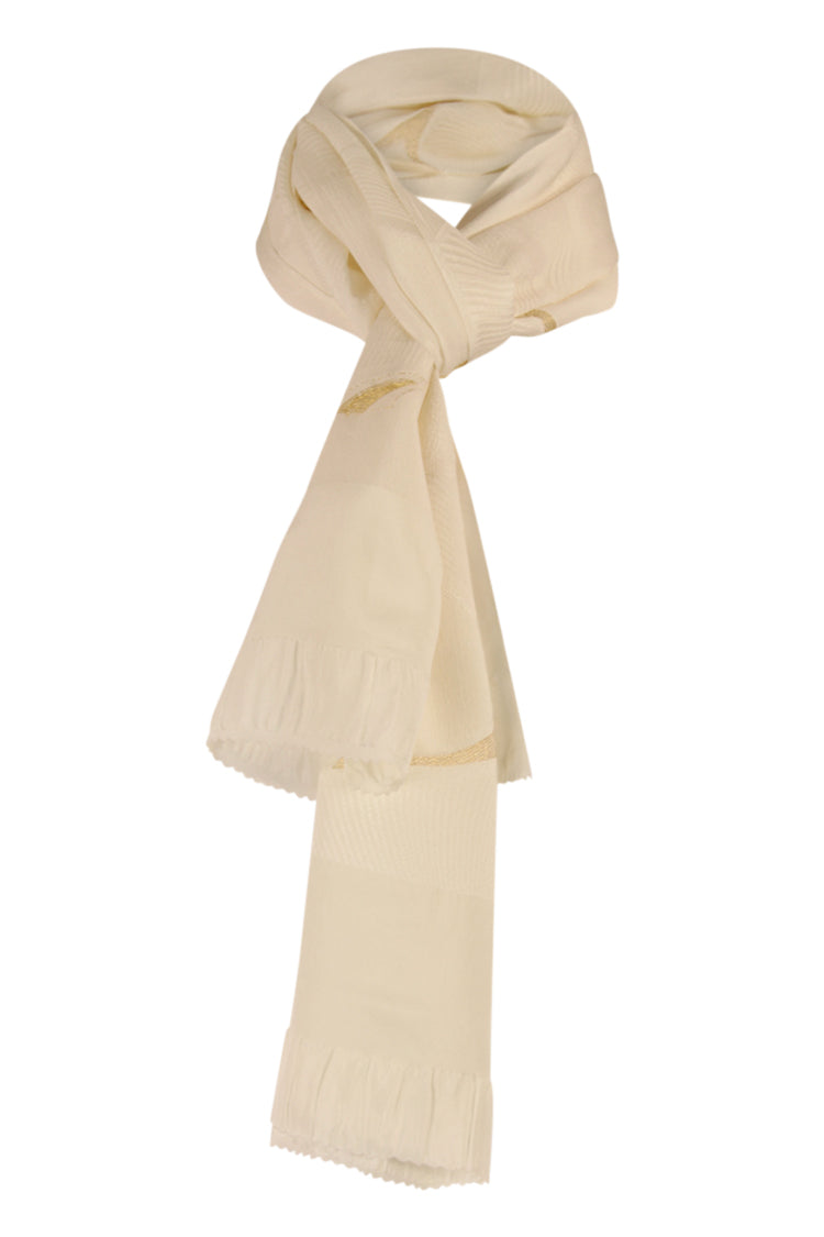 cream silk sash scarf with woven swirls and gold details