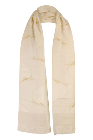 cream silk sash scarf with woven swirls and gold details