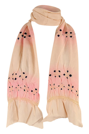 Pale pink silk sash scarf with bands of blue dots
