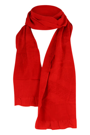 red silk sash scarf with bands of woven flowers
