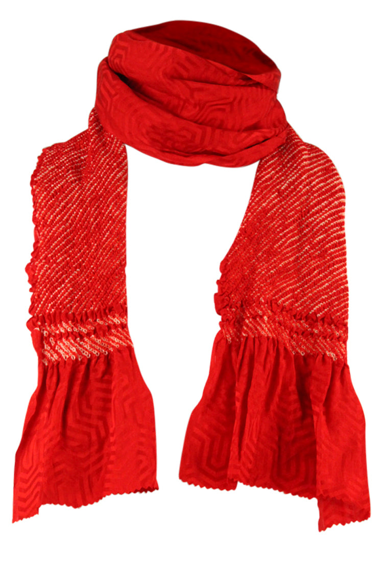 Red silk sash scarf with shibori design