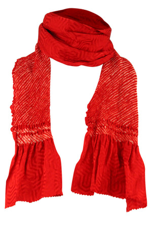 Red silk sash scarf with shibori design - Kiku 