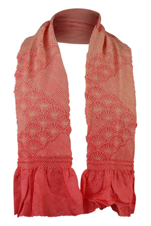 Pale pink silk sash scarf with fan shibori design - Kiku 