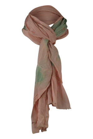 Pink silk sash scarf with turquoise clouds - Kiku 