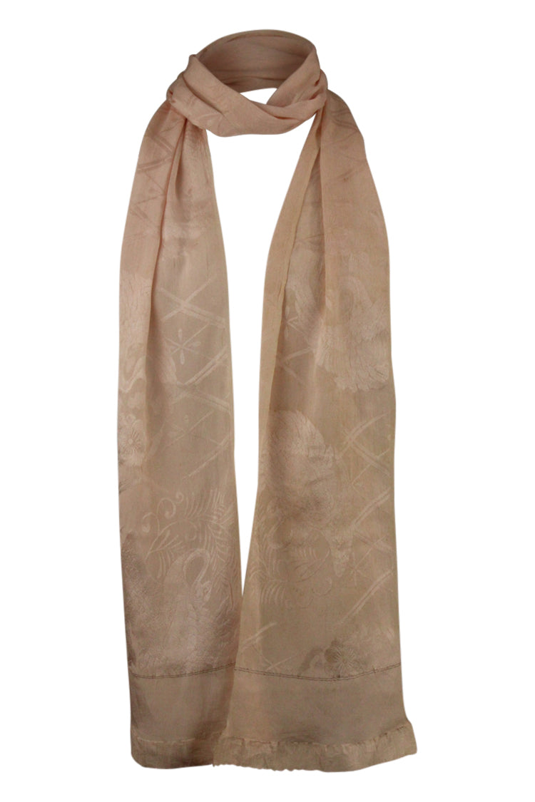 Pinkish beige silk sash scarf with woven cranes - Kiku 