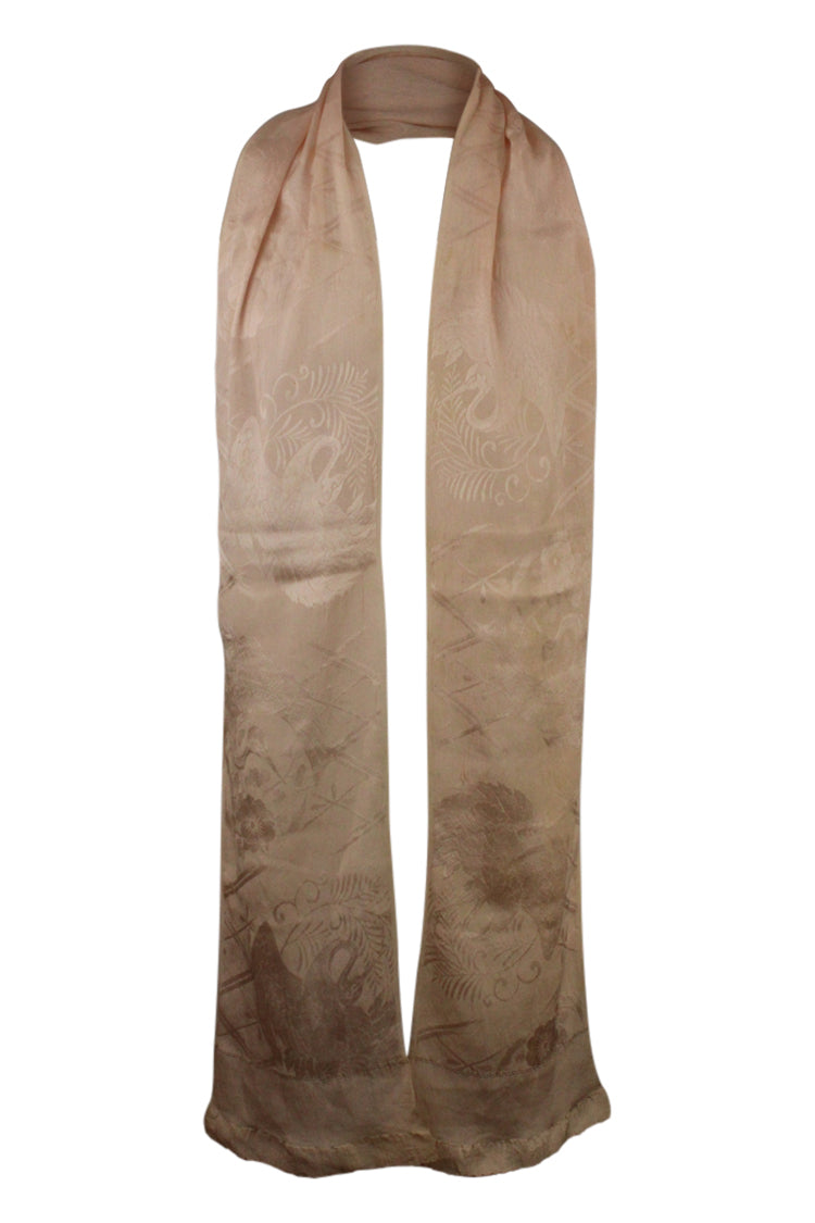 Pinkish beige silk sash scarf with woven cranes - Kiku 