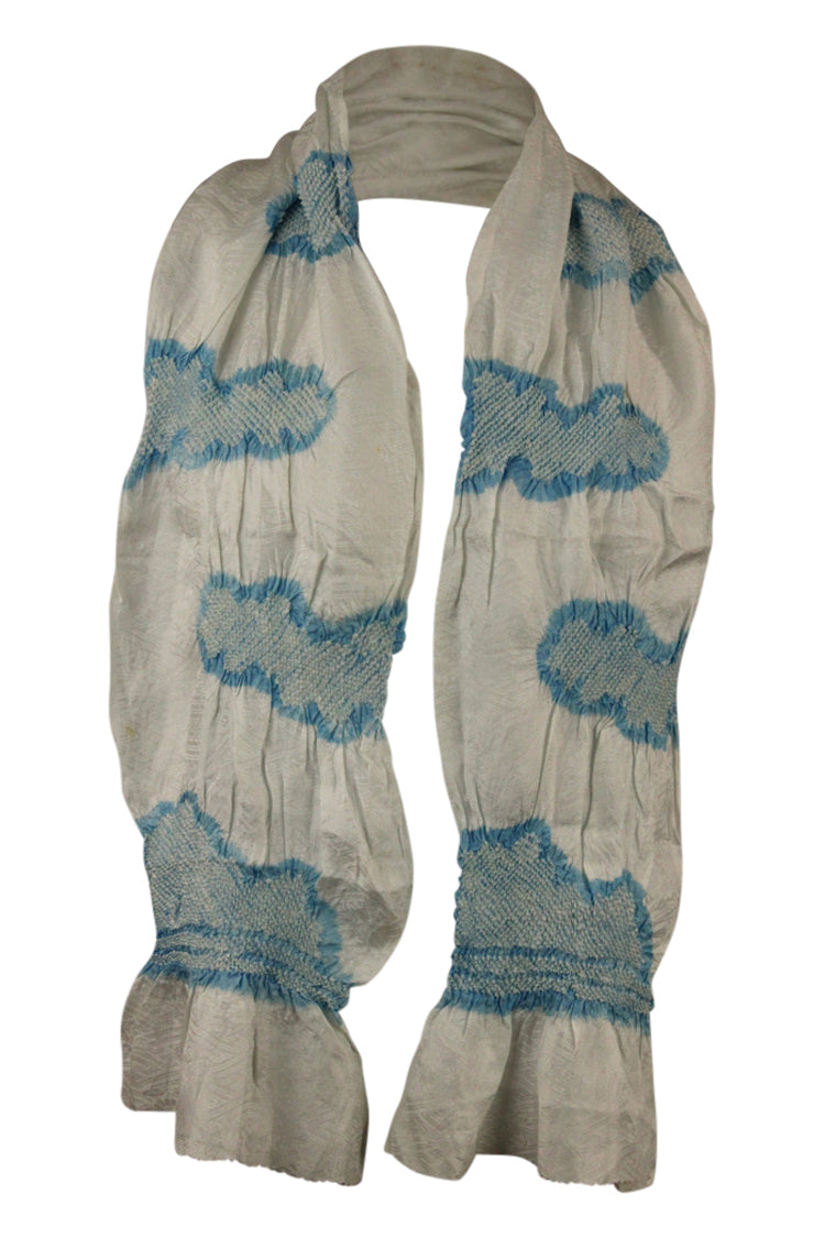 White silk sash scarf with blue shibori clouds - Kiku 