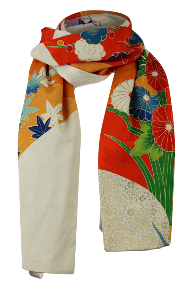Orange and cream celebration scarf with bold flowers - Kiku 