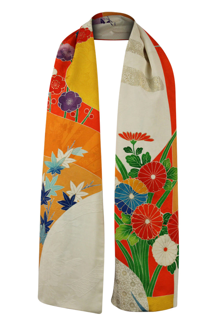 kimono silk scarf with red orange blue flowers