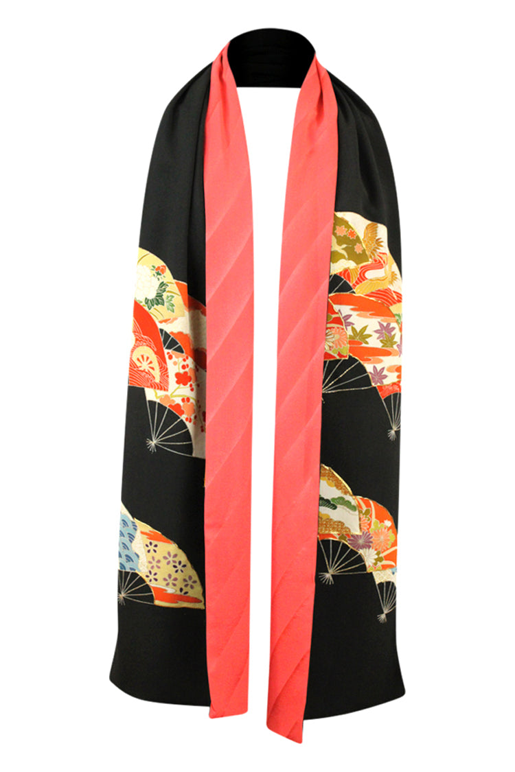black vintage silk scarf with hand painted fans