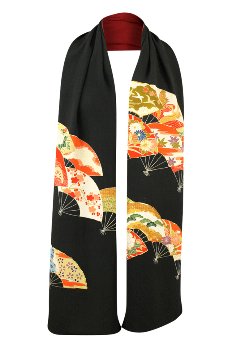 Black and orange tomesode celebration scarf with fans - Kiku 