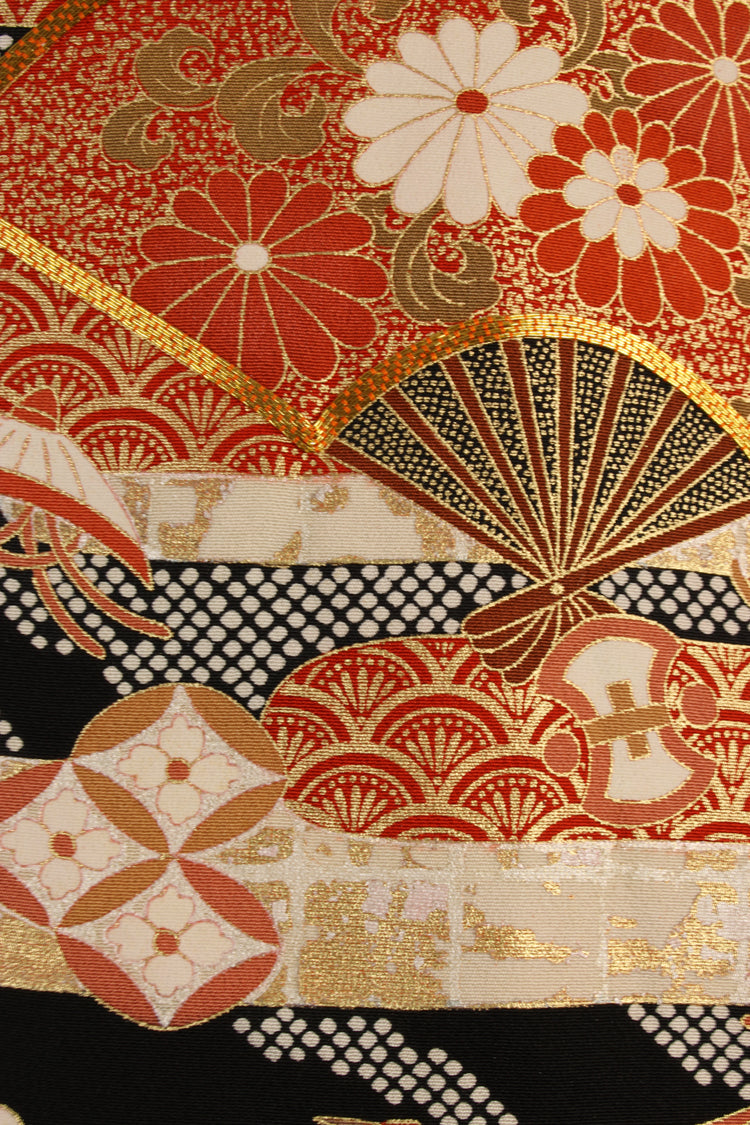 Black and orange tomesode celebration scarf with fans - Kiku 