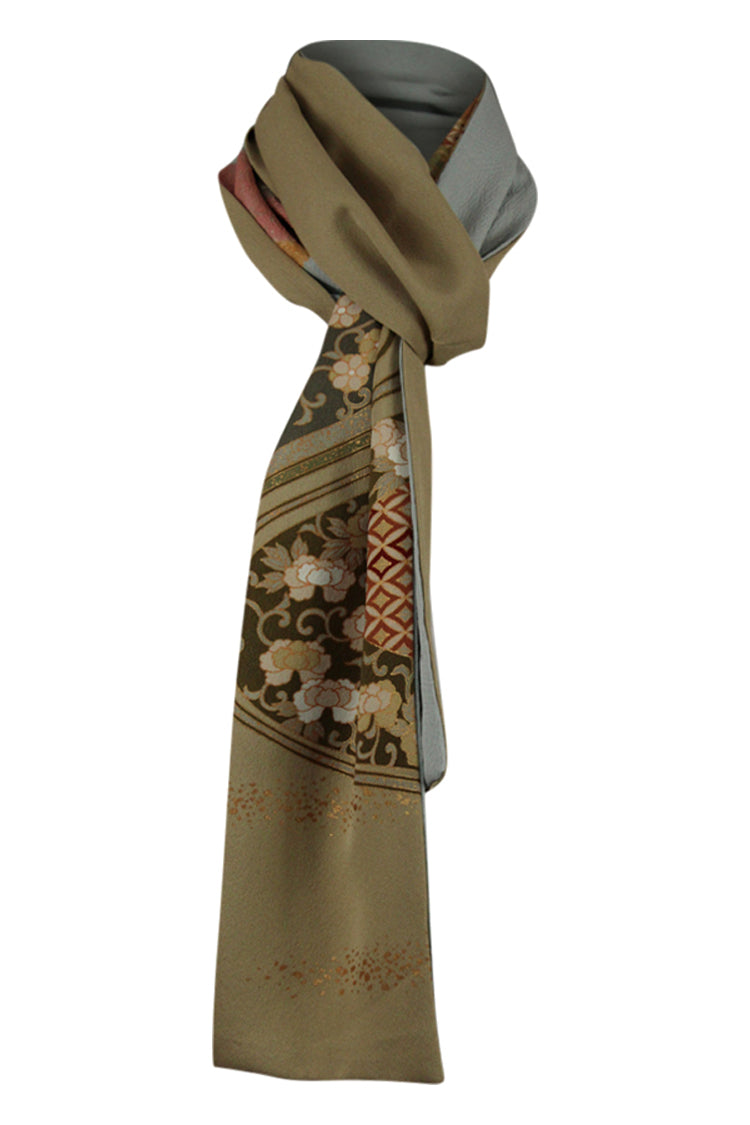 olive narrow scarf using upcycled kimono silk 