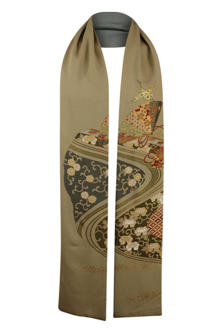 olive narrow scarf using upcycled kimono silk 
