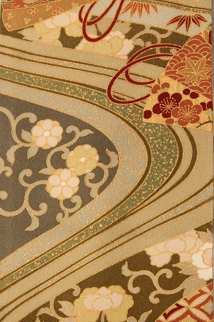 detail of gold hand painted design of a Kiku Refashion scarf