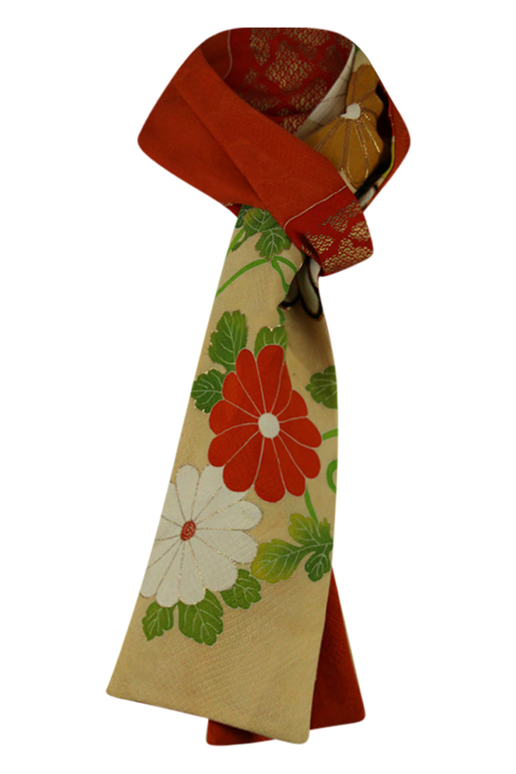 narrow silk scarf with loop made from orange hand painted kimono