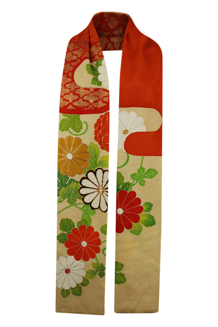 upcycled kimono silk made into an orange and cream scarf with classic design