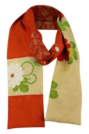Orange and cream narrow celebration scarf with gold rimmed flowers