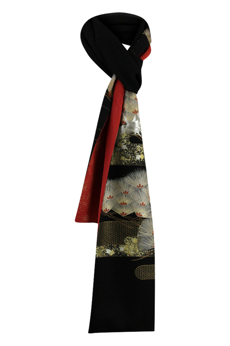 Black narrow silk celebration scarf with embroidered silk crane - Kiku 