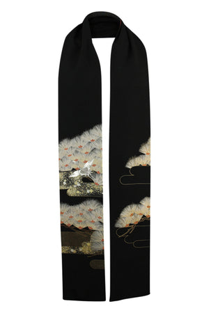 Black narrow silk celebration scarf with embroidered silk crane - Kiku 