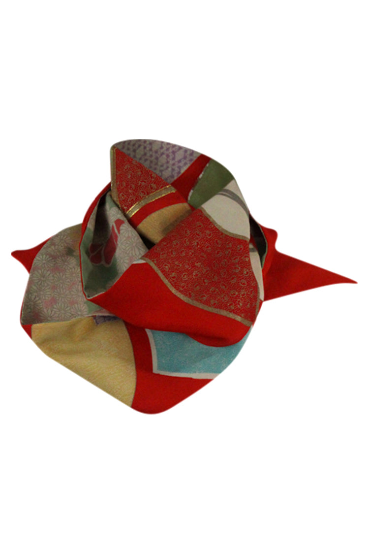 Orange narrow silk celebration scarf with colorful fans - Kiku 