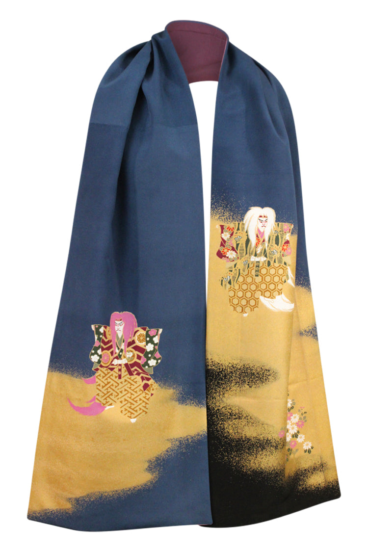 Hand painted Noh actor on navy silk scarf