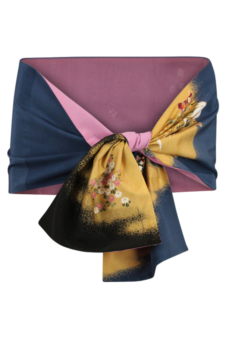 purple and navy scarf tied as shawl made from vintage kimono silk