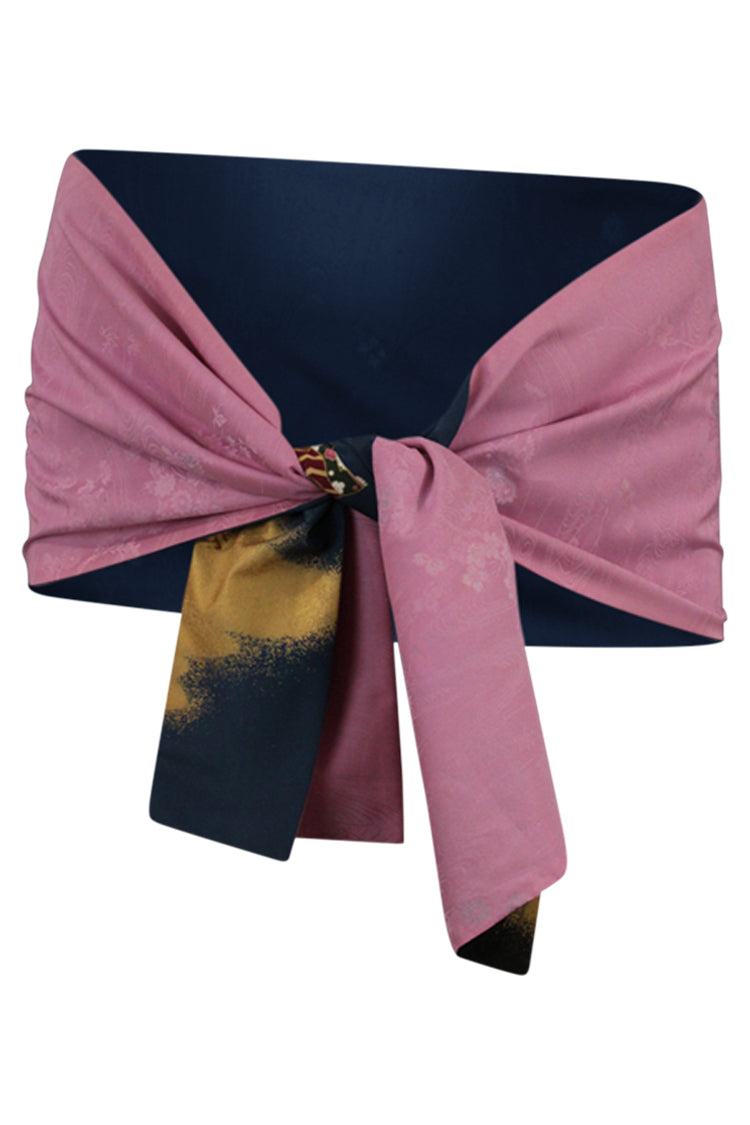 navy and purple silk scarf tied as a shawl