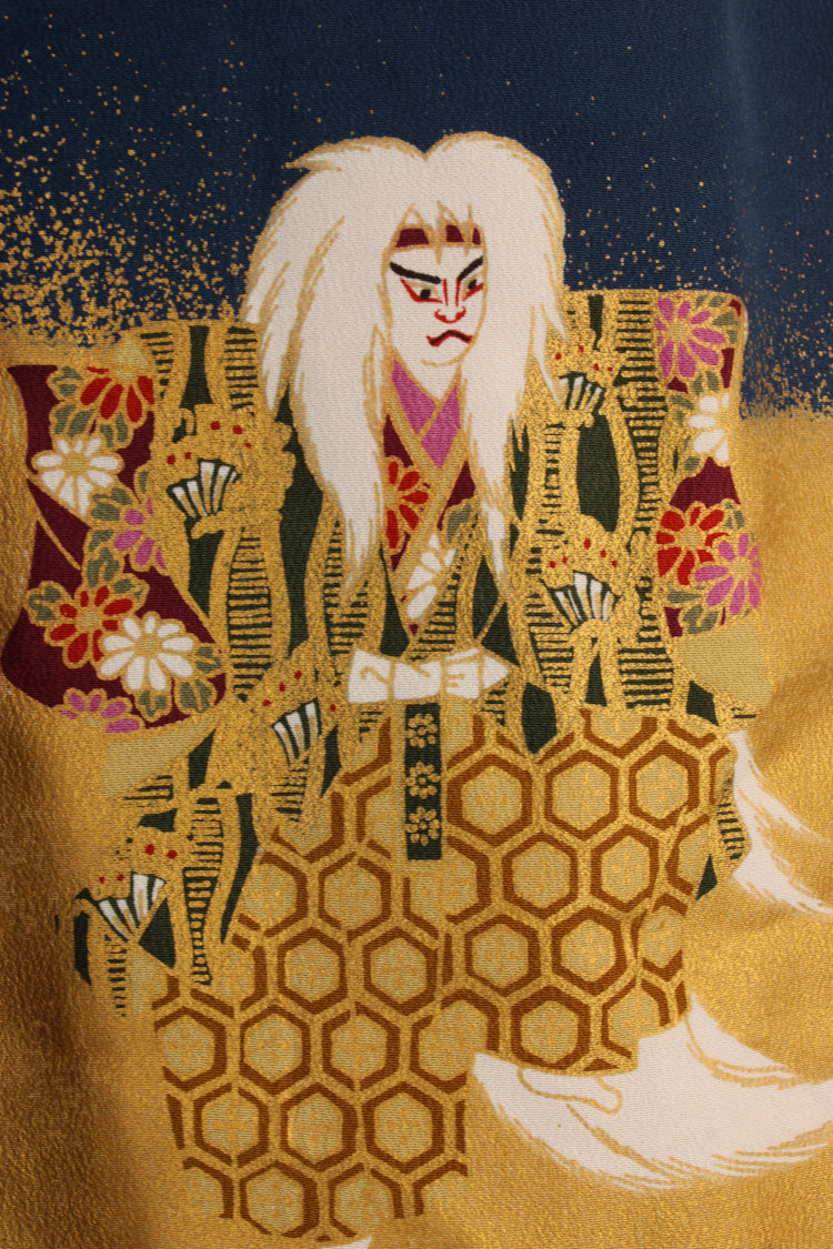 Hand painted Noh actor on navy silk scarf