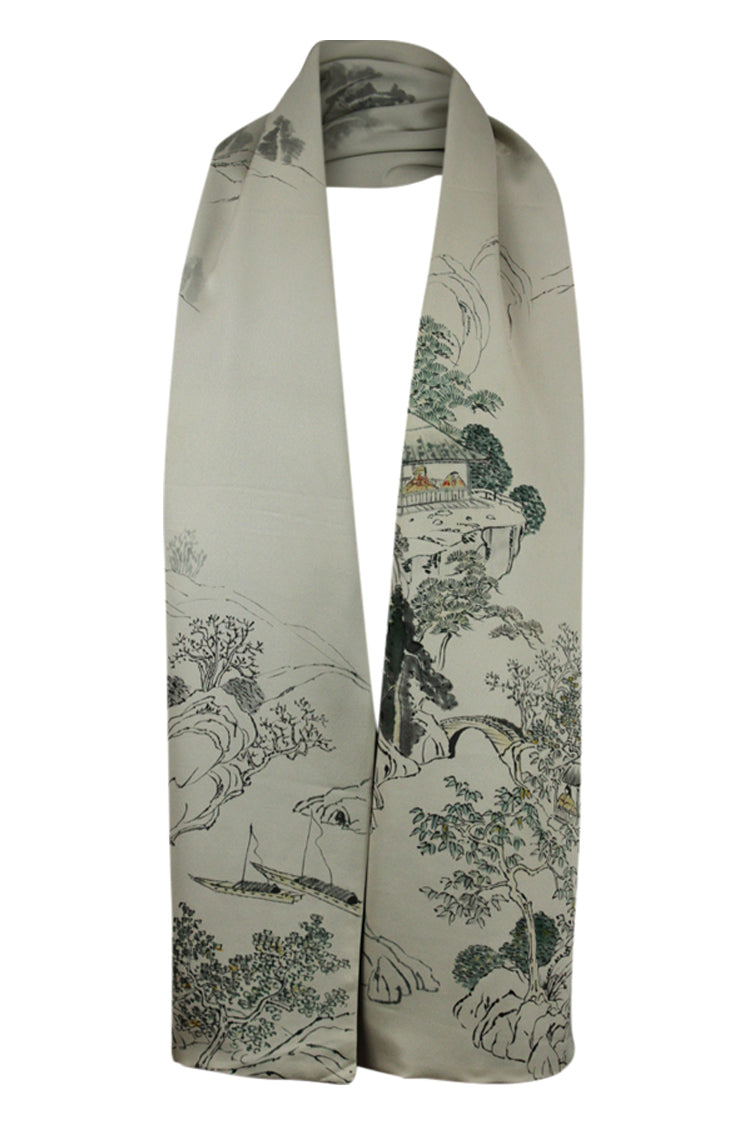 cream scarf with hand painted mountain scene made from kimono silks