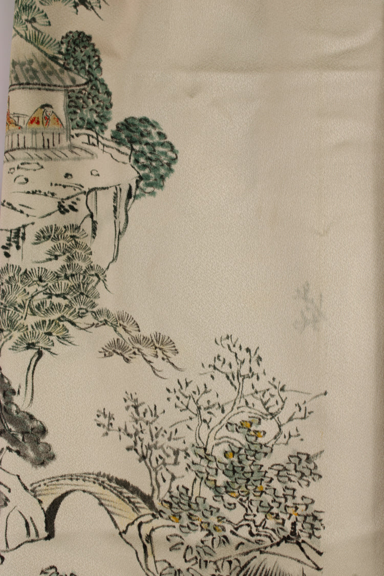 cream scarf with hand painted mountain scene made from kimono silks