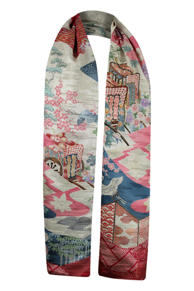 colorful silk scarf with traditional Japanese design of a carriage and pine trees