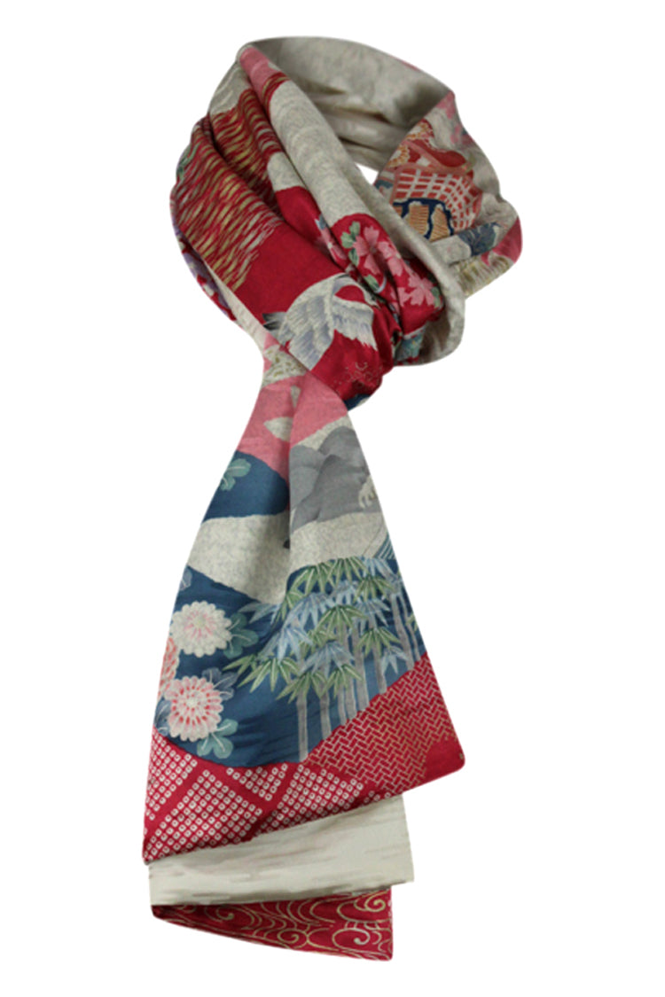 colorful silk scarf of soft pastels made from vintage kimono tied in a loop